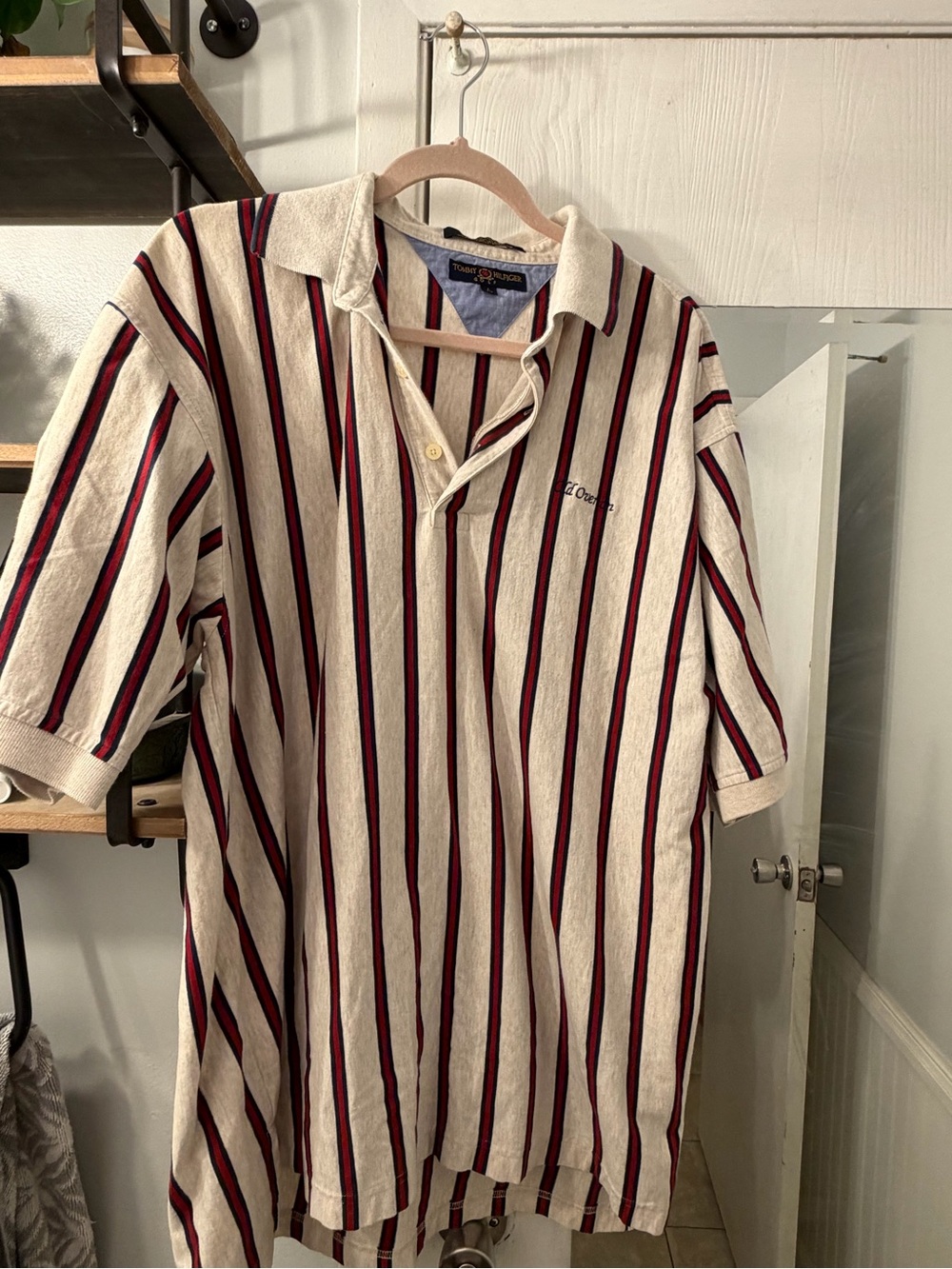 Tommy Hilfiger Vintage 90’a Beige Polo with Red & Black Vertical Stripes